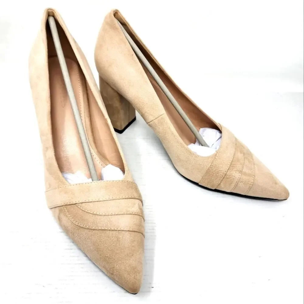 Faux Suede Chunky‎ Heel Pumps Pointed Toe Block Heel Women's Gifts Size 9.5 New